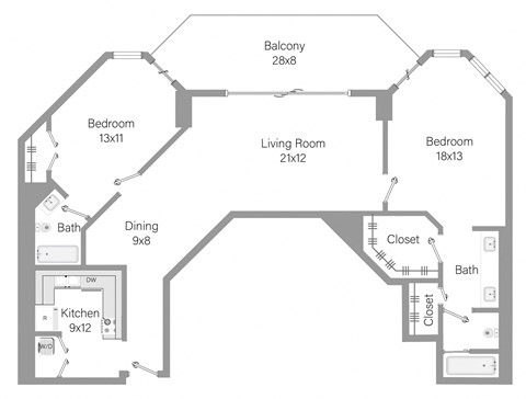 Floor plan for 2 beds, 2 baths, 1291 sqft